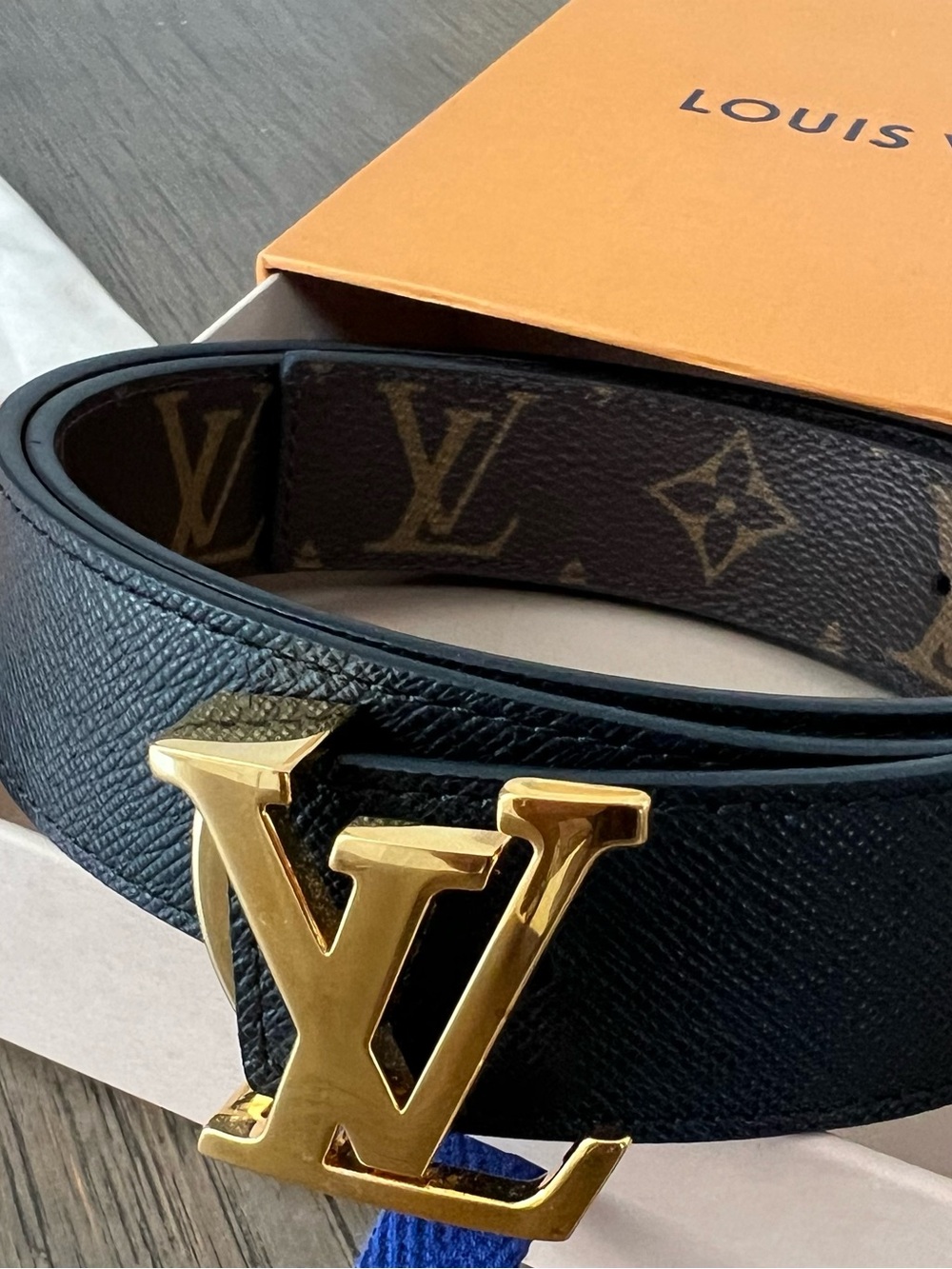 Louis Vuitton Black Leather Monogram Reversible Belt with Gold LV Buckle